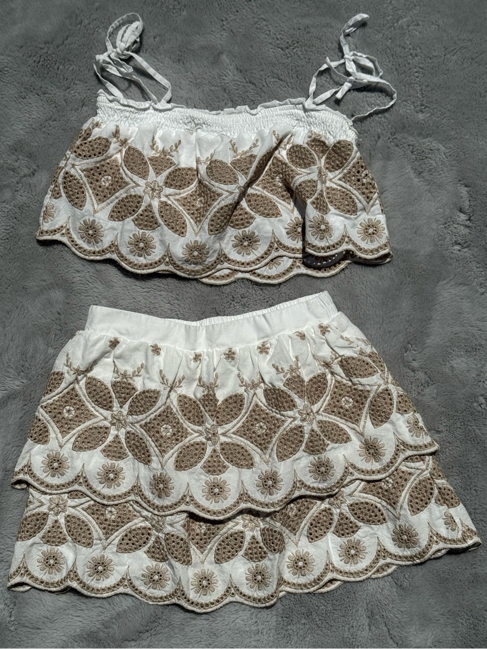 ILLA ILLA White Eyelet Mini Skirt with Tan Embroidered Detail